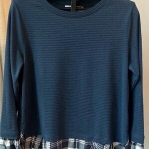 Loft. Blue lightweight top with cute Plaid accents at waist and sleeves  Size L